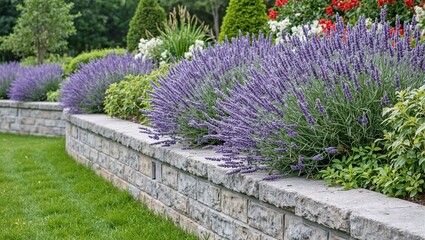 Lavender plants cascading over concrete retaining wall vibrant purple blooms contrast with the grey surface