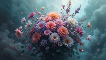 Obraz premium Fantasy-style flower arrangement in pastel colors with copy space