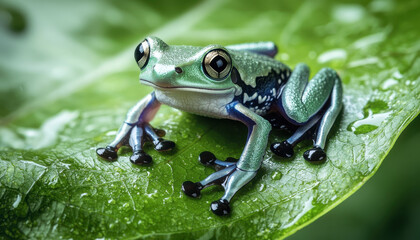Fototapeta premium tiny frog resting on green leaf in rainforest, showcasing its vibrant colors and details