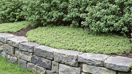 Serene stone wall with purple thyme cascading