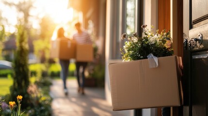 Young Couple Moving Boxes with Flowers in Bright Sunset Light