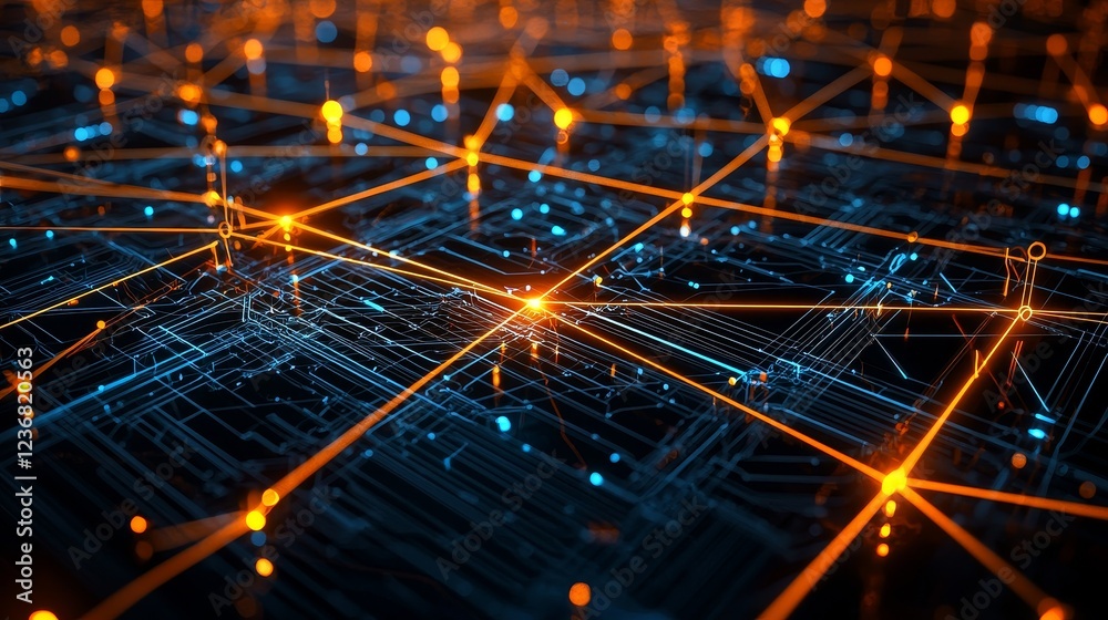 Poster interconnected circuits with glowing lines and illuminated nodes