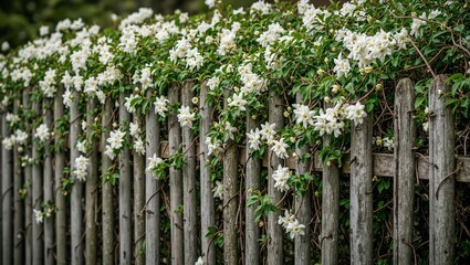 Rustic wooden fence with jasmine vines and white flowers