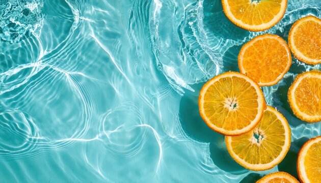 fresh orange slices floating on turquoise water with sunlight reflections, ideal for summer, wellness, and tropical designs