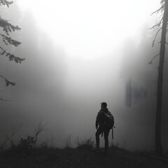 adventurer in a hidden lake in the long tree forest 4k resolution 