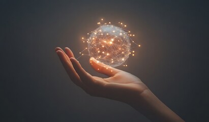 Hand holding glowing network sphere.