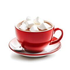 red Cup of Hot chocolate white marshmallow isolated on white background