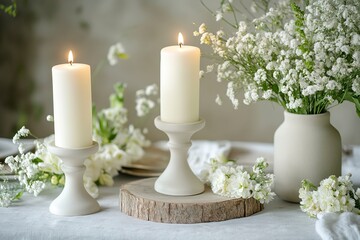 Candles on a table with wavy white ceramic decoration, and wooden sticks next to them. In the background, there are flowers in a vase and a gray concrete wall. Dark brown glass candle jar mockup. 