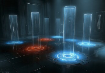 Abstract digital art depicting illuminated glass cylinders on a dark reflective surface, emitting glowing blue and orange light. Futuristic