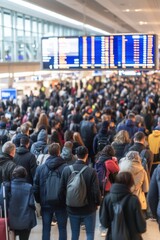Stranded travelers navigate a crowded airport terminal amid widespread flight delays and cancellations