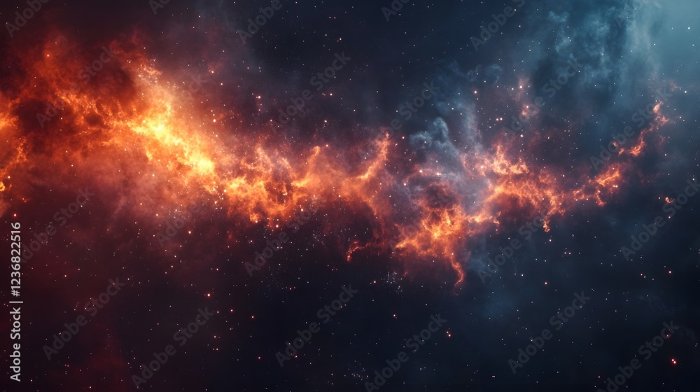 Poster captivating cosmic explosion of a fiery celestial nebula in the dramatic depths of interstellar spac