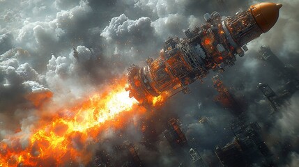 Fiery Spaceship Crashing Through Apocalyptic Cityscape