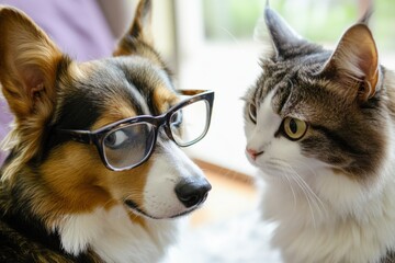 Funny therapy session with a stylish dog and an attentive cat engaged in conversation