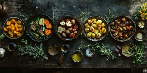 A vibrant display of roasted vegetables arranged on rustic plates, perfect for food blogs, cookbooks, or healthy eating promotions.