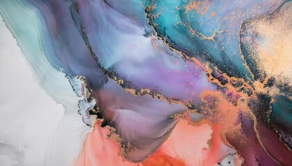 Naklejka premium ethereal alcohol ink painting with vibrant turquoise, deep purple, and fiery coral hues blending seamlessly with metallic gold accents