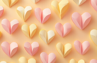 A pattern of pink and yellow paper hearts arranged in an array on a soft pastel background for a Valentine's Day celebration.
