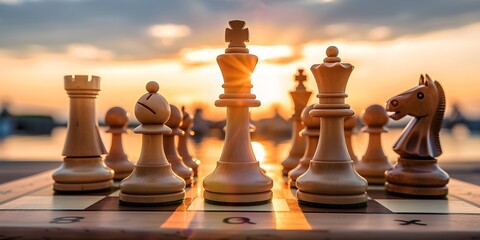 A chess board with the sun setting behind it
