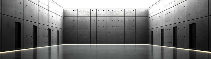 Obraz premium Abstract minimalist architecture image showcasing a long, reflective hallway with dark gray walls, evenly spaced doors, and subtle lighting. The