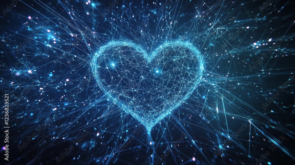 Poster radiating lines and nodes creating a heart shape in digital space