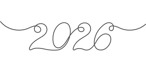 2026 Happy New Year . Christmas symbols 2026 .One line drawing. Vector illustration.