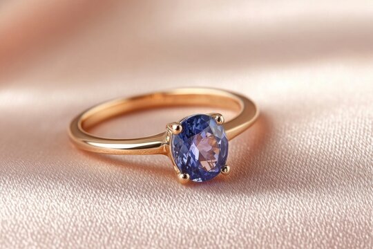 Exquisite tanzanite engagement ring resting gracefully on a soft surface, showcasing its captivating deep blue hues and elegant design