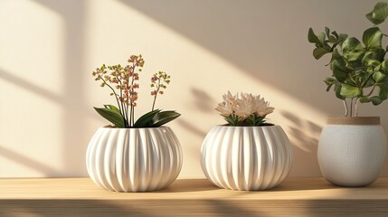 Modern and elegant candle in an orange jar with a white wick, placed on a wavy gray ceramic plate. Next to it is a wooden stick to light the candle. A bouquet of flowers lies nearby,