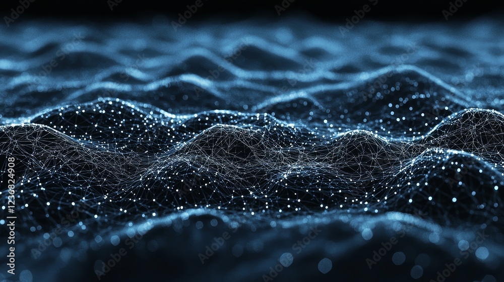 Poster futuristic data visuals with synergistic wavy patterns and dots of light