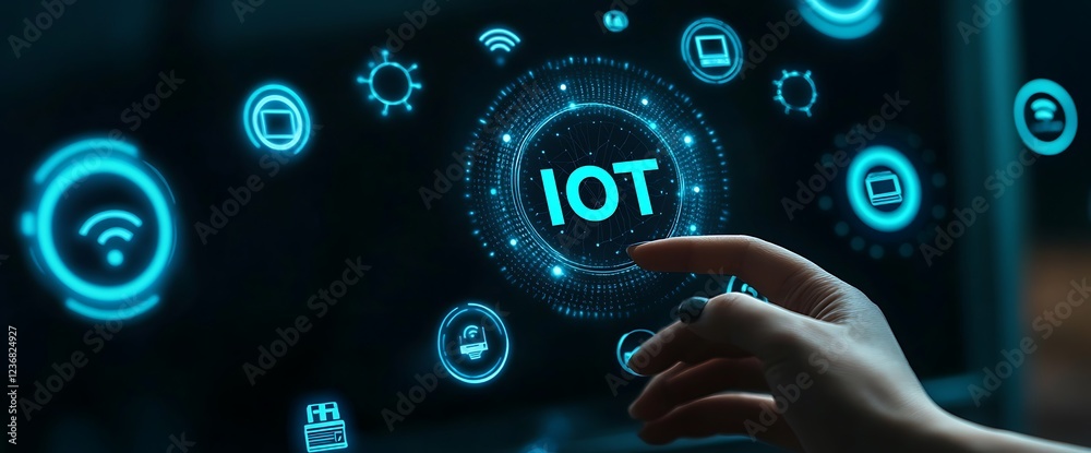 Poster hand interacting with a futuristic iot interface displaying network icons.