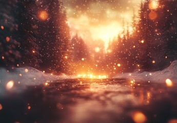 Fototapeta premium Magical winter scene A snowy path winds through a dark forest, illuminated by warm, golden light. Sparkling particles float in the air, creating a