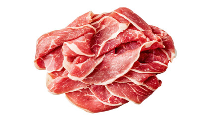 Obraz premium Fresh beef slices layered neatly, showcasing bright red color and texture