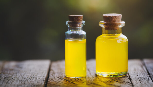 Mystical elixir in glass bottle with cork. Yellow magic potion on wooden table.