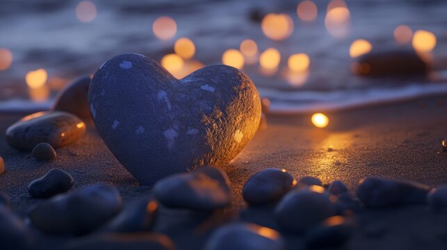 A tranquil pebble heart on a sandy beach bathed in gentle surf and romantic lighting - Powered by Adobe