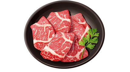 Fresh thinly sliced beef pieces ready for hot pot, garnished with herbs