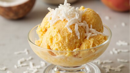 Refreshing mango coconut ice cream in a glass bowl with shredded coconut topping