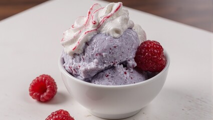 Refreshing blue raspberry sorbet with whipped cream and raspberries