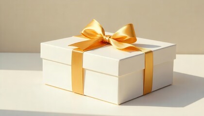 Obraz premium Gift box decorated with yellow ribbon soft light background still life photography elegant atmosphere