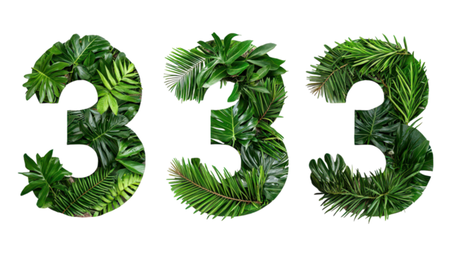 Lush green leaves forming number three in creative design