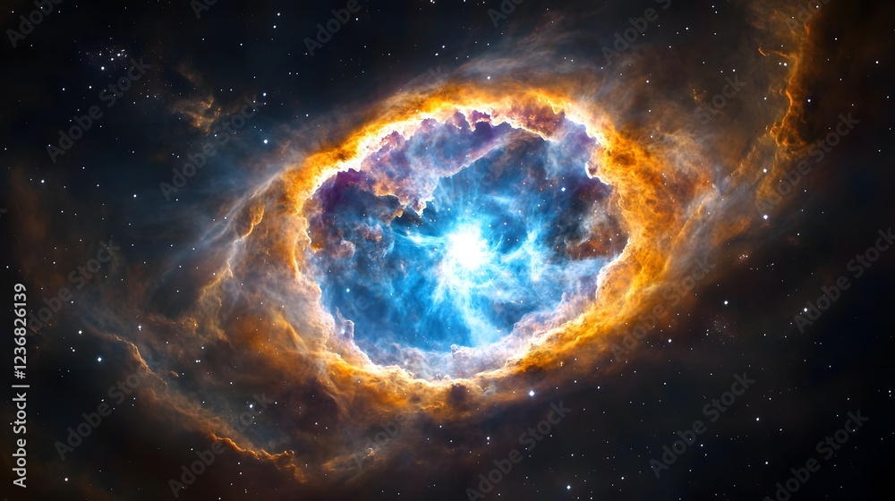 Poster captivating image showcasing a stunning glowing cosmic nebula explosion in the depths of a distant g