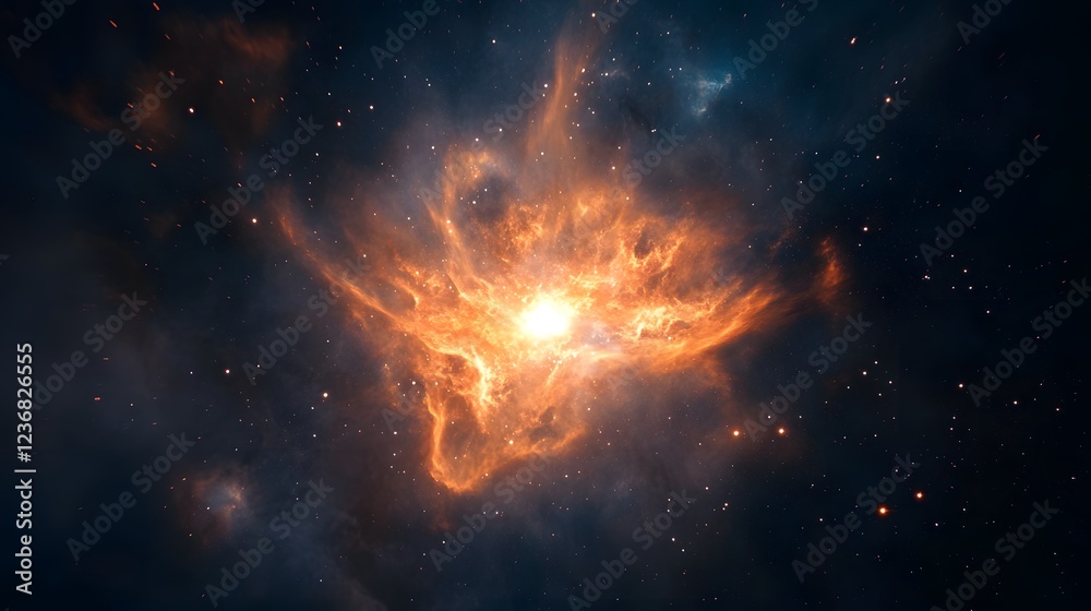 Poster cosmic explosion in the depths of the universe reveals dazzling celestial spectacle of fiery plasma 