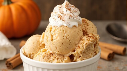 Delicious pumpkin spice ice cream with cinnamon and whipped cream