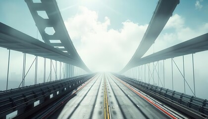 Obraz premium Mysterious journey through foggy bridge futuristic cityscape digital art atmospheric environment wide angle view conceptual vision