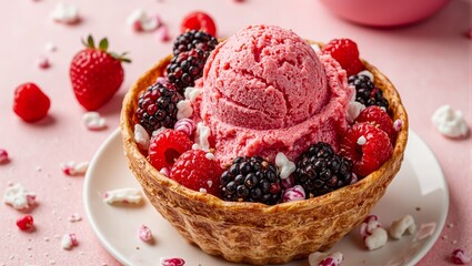 Delicious berry sorbet in waffle bowl with raspberries and blackberries