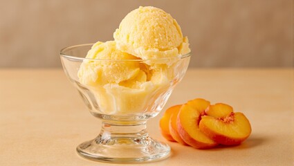 Refreshing peach sorbet in glass dish with sliced peaches