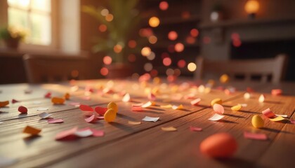 Celebration confetti on wooden table cozy indoor setting relaxed atmosphere warm lighting festive mood