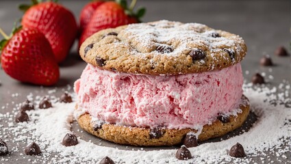 Delicious strawberry ice cream cookie sandwich with chocolate chips and powdered sugar