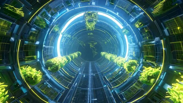 A futuristic vision of space colonization, featuring a high-tech habitat with lush greenery, sustainable ecosystems, and advanced terraforming technologies designed for interplanetary living.