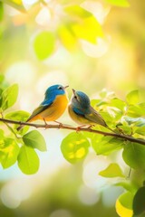 Obraz premium Colorful birds finding peace among vibrant spring leaves in a tranquil setting
