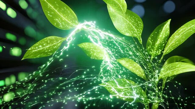 A futuristic representation of green computing, featuring glowing leaves and data streams symbolizing sustainable technology, energy-efficient systems