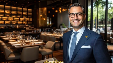 Professional restaurant manager smiling in upscale dining space, showcasing elegant interior, fine table settings, and inviting atmosphere for culinary experiences