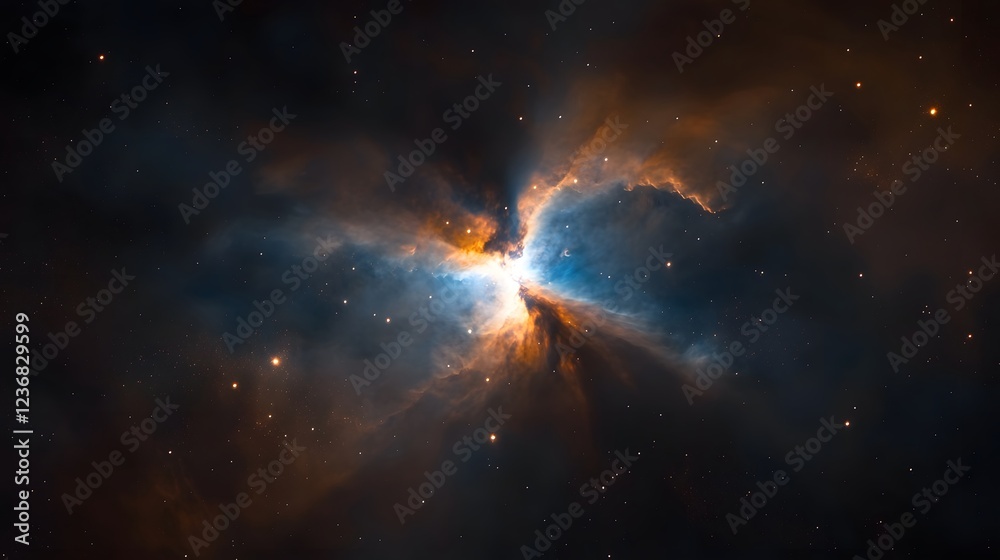 Poster dramatic cosmic explosion in vibrant swirling nebula cloud with bursts of colorful light and energy 